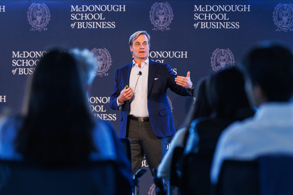 Speaker, John Wilkinson presenting to students on his experieince and professional pathway to success during the Fall 2025 McBride Lecture Series on October 16th, 2026.